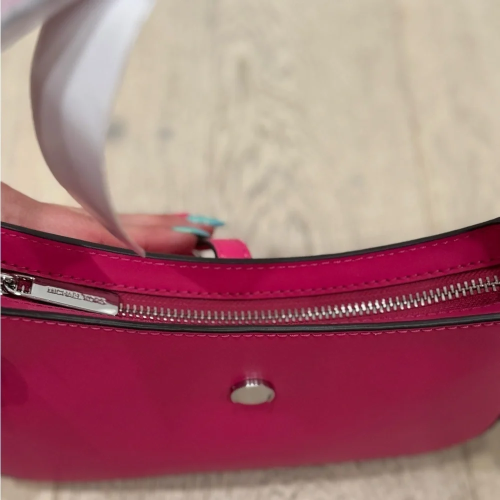 Michael Kors Lyra Small Leather Pouchette Dragonfruit Pink Silver Charm Purse